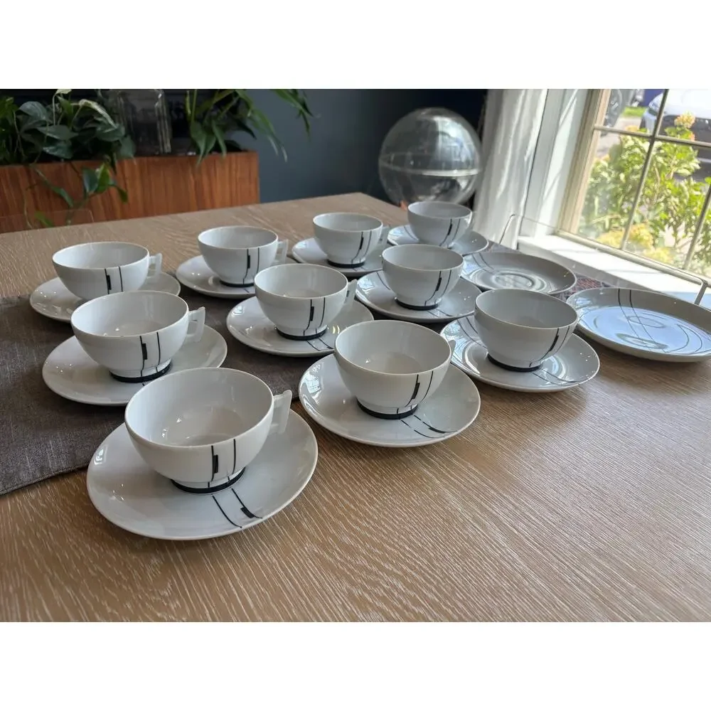 Vintage Ćmielów Poland Porcelain Coffee Tea Set - MCM Black Line Geometric